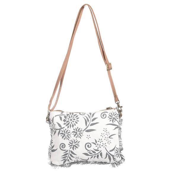 Canvas With Flowers And Fringe Trim Crossbody Bag Purse Blue White Tan - Picture 3 of 3